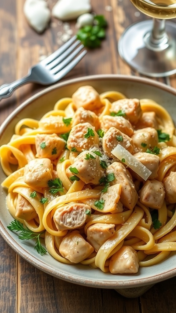 A plate of creamy Parmesan garlic chicken pasta garnished with parsley and Parmesan cheese on a rustic table.